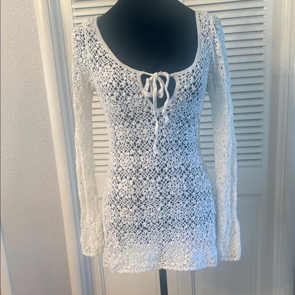 INC International Concepts White Crochet Lace Long Sleeve Bodysuit